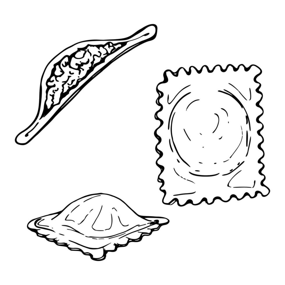 mão desenhado vetor tinta ilustração. Ravioli pelmeni pierogi Vareniki gyoza manti Wonton prato. conjunto do solteiro objeto elementos isolado em branco. para restaurante cardápio, Comida fazer compras e pacote, folheto, imprimir.