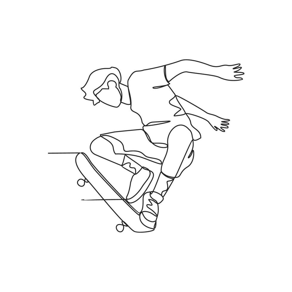 1 contínuo linha desenhando do skate jogador vetor ilustração. skate jogador ilustração simples linear estilo conceito. extremo esporte Projeto vetor para seu o negócio promoção ou outros.