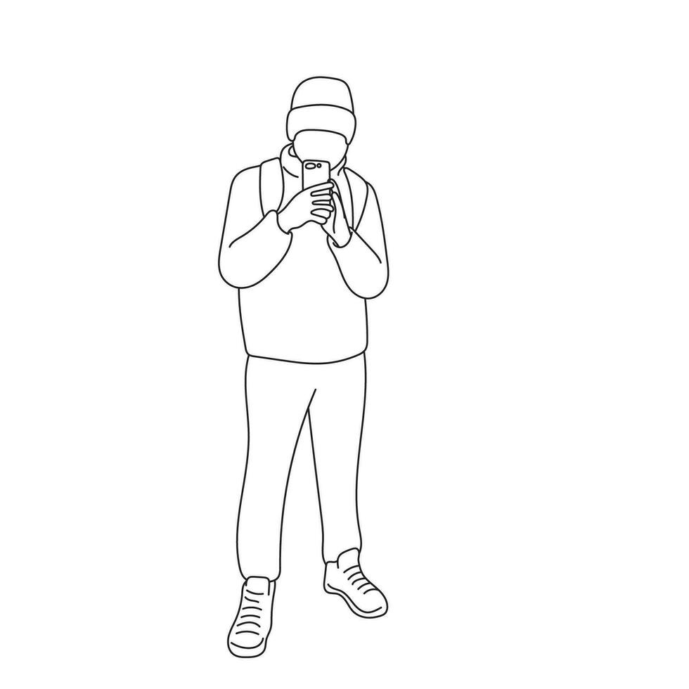 masculino turista com mochila em pé e usando martphone para levar foto Smartphone ilustração vetor mão desenhado isolado em branco fundo