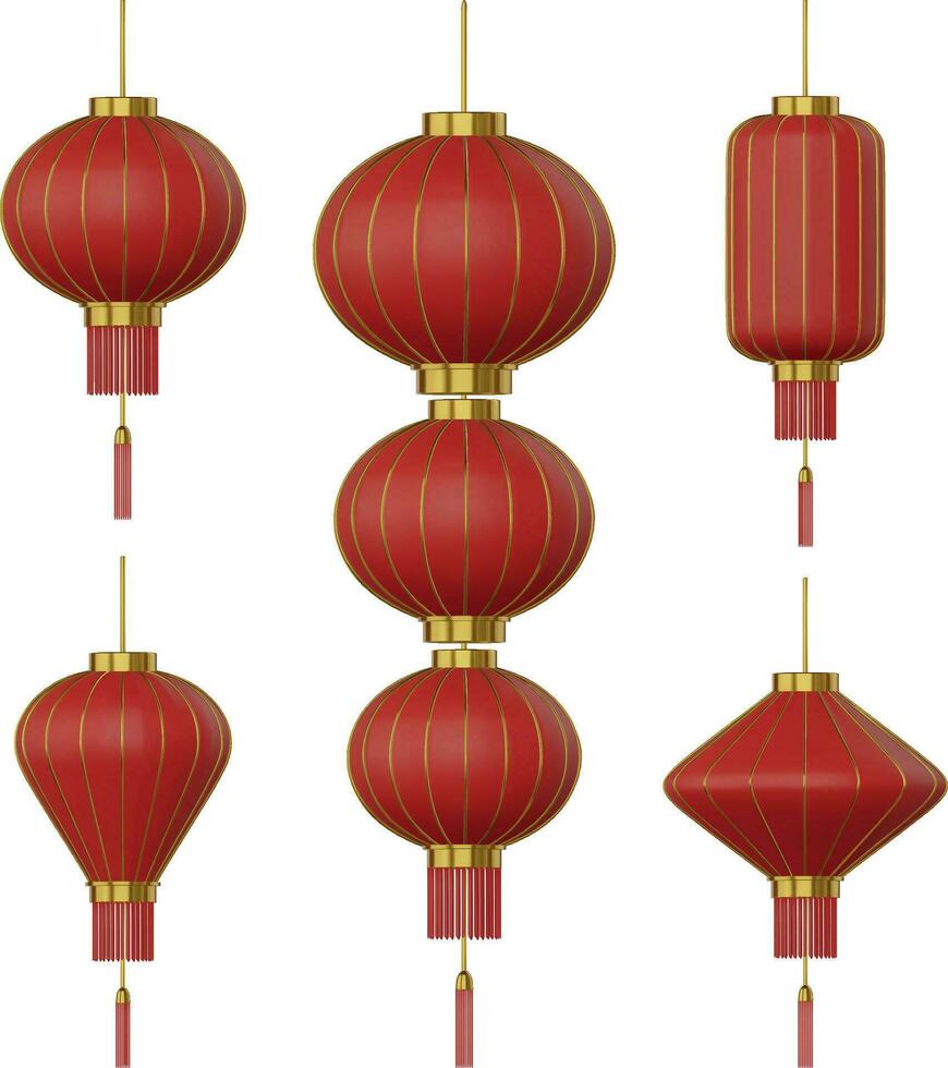 conjunto do isolado vermelho lanternas. coleção do 3d chinês lanternas. chinês Novo ano lanternas realista ilustração vetor