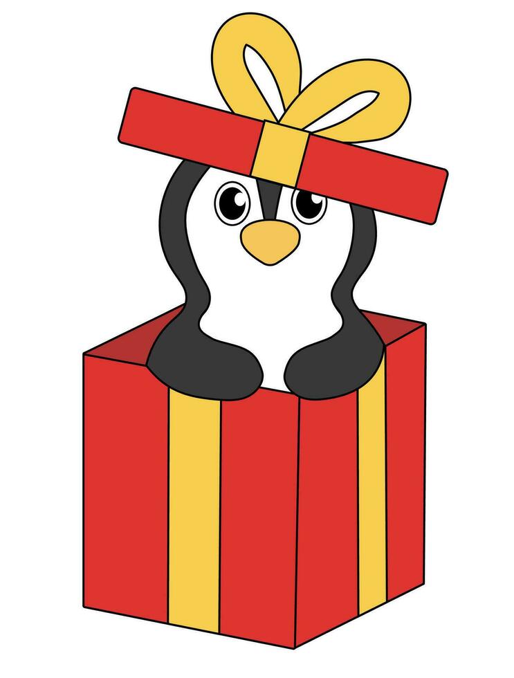 desenho animado Natal e Novo ano pinguim personagem. fofa pinguim dentro presente caixa. vetor plano ilustração