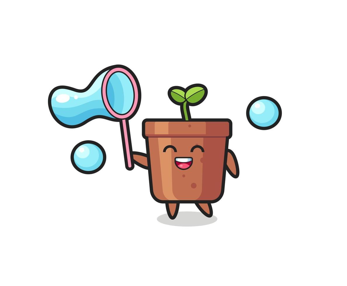 desenho animado de vaso de planta feliz jogando bolha de sabão vetor