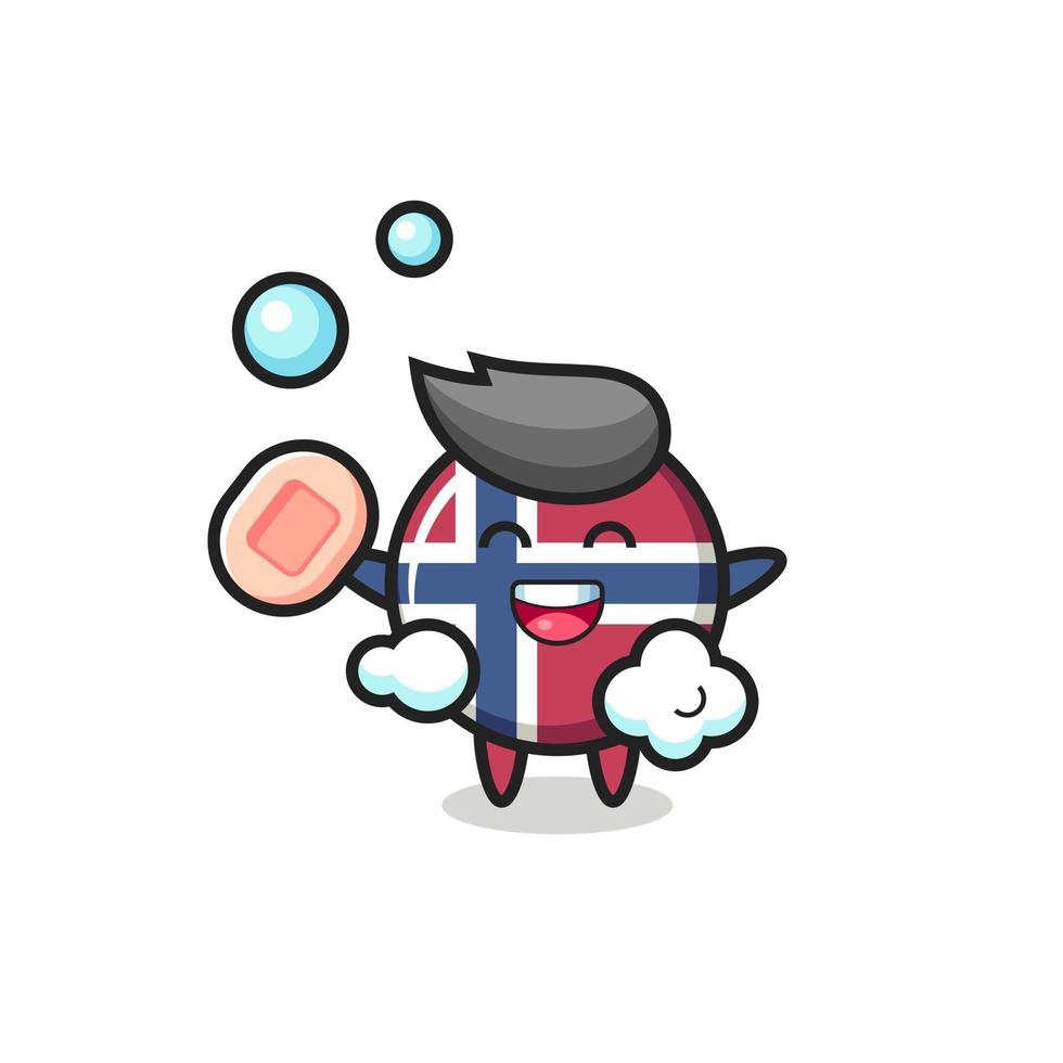 personagem do distintivo da bandeira da noruega tomando banho segurando sabonete vetor
