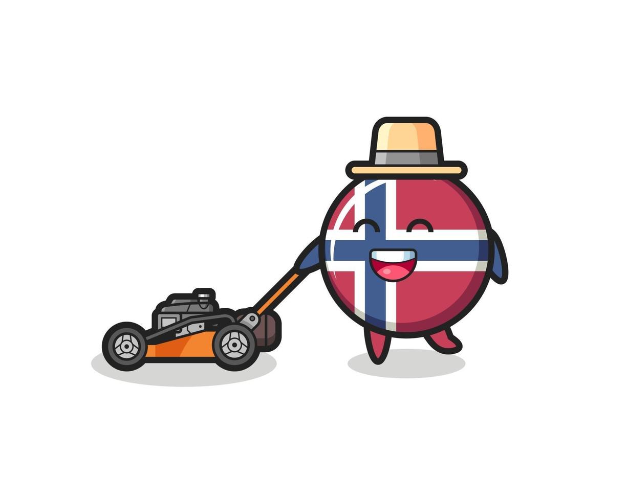 ilustração do personagem do distintivo da bandeira da Noruega usando cortador de grama vetor