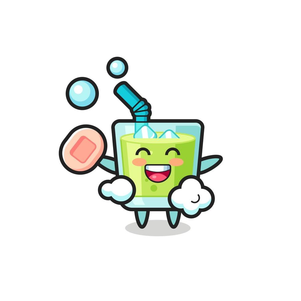 personagem de suco de melão tomando banho enquanto segura o sabonete vetor