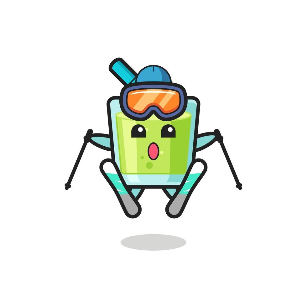 personagem mascote de suco de melão como jogador de esqui vetor
