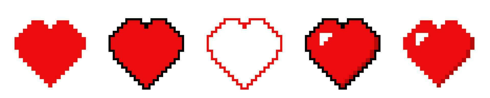 coração vermelho 8 mordeu pixel ícone definir. digital coração vetor