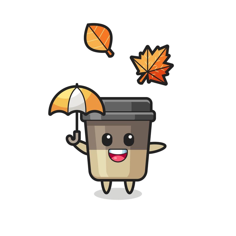 desenho da xícara de café fofa segurando um guarda-chuva no outono vetor
