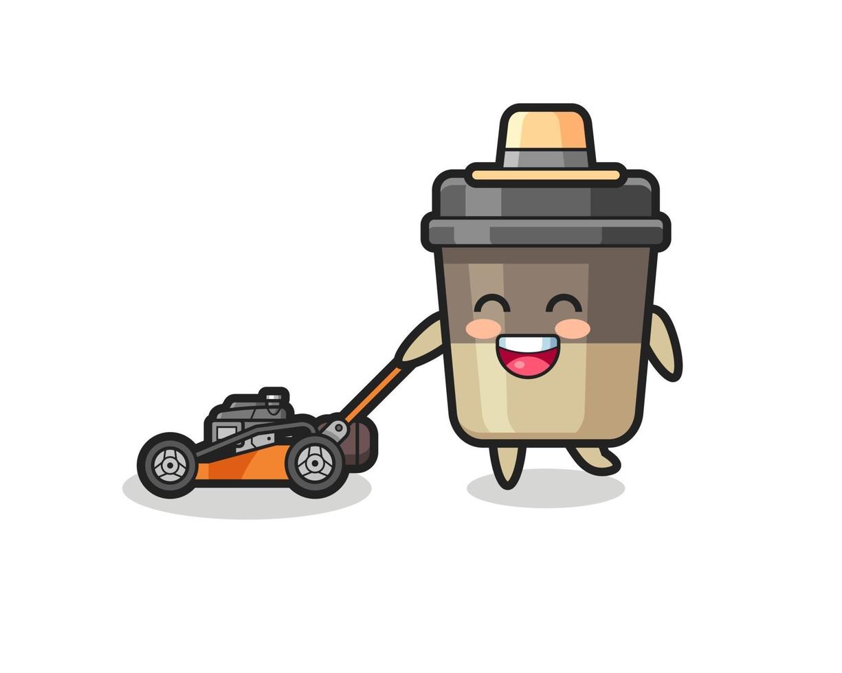 ilustração do personagem da xícara de café usando cortador de grama vetor