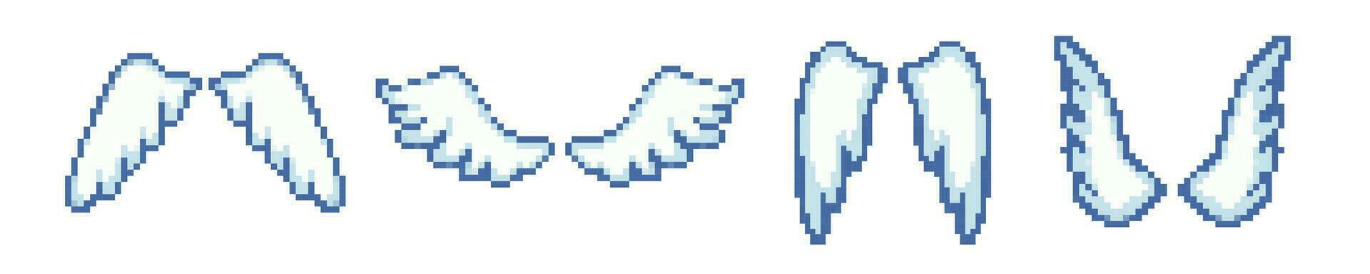 8 mordeu anjo asas retro ícone definir. pixel velho jogos desenho animado anjo asas vetor