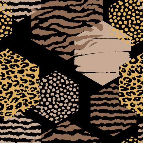 Abstrata sem costura padrão geométrico com animal print e hexágonos. vetor