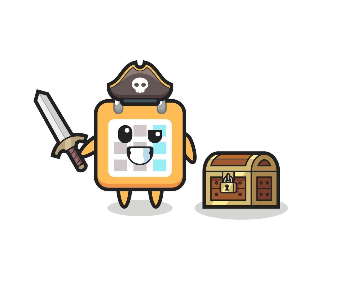 o personagem pirata do calendário segurando uma espada ao lado de uma caixa de tesouro vetor
