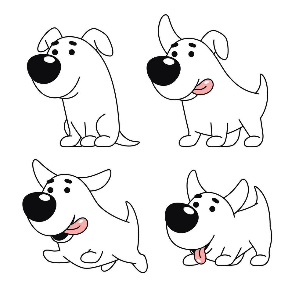 engraçado feliz cachorro, desenho animado, quadrinho personagem dentro vários poses, vetor desenhando