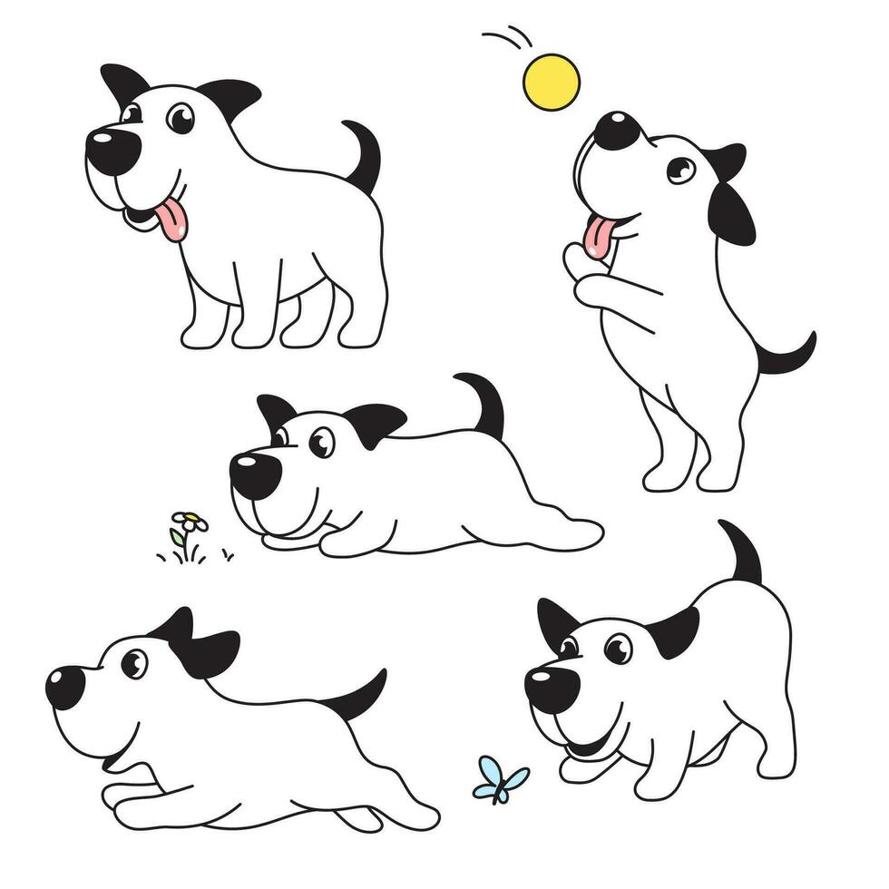 engraçado feliz cachorro, desenho animado, quadrinho personagem dentro vários poses, vetor desenhando