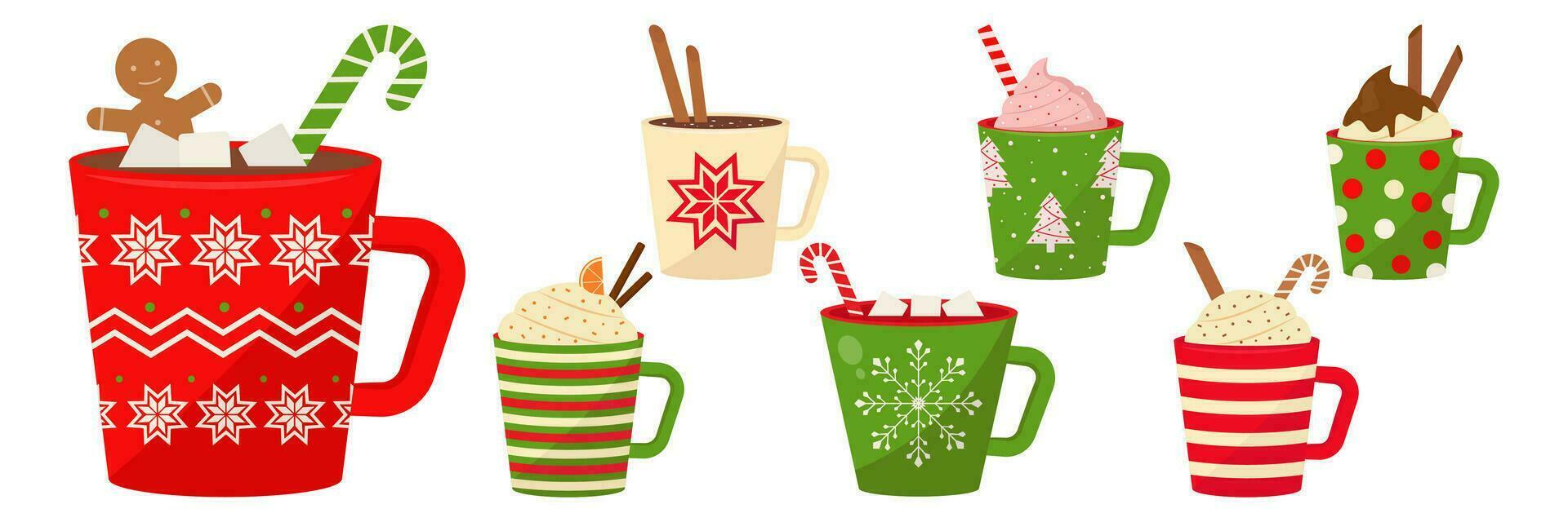 inverno Natal quente bebidas coleção. feriado canecas com café, chocolate, e creme. Pão de gengibre homem biscoito, doce bengala, pirulito, marshmallows. vetor ilustração.