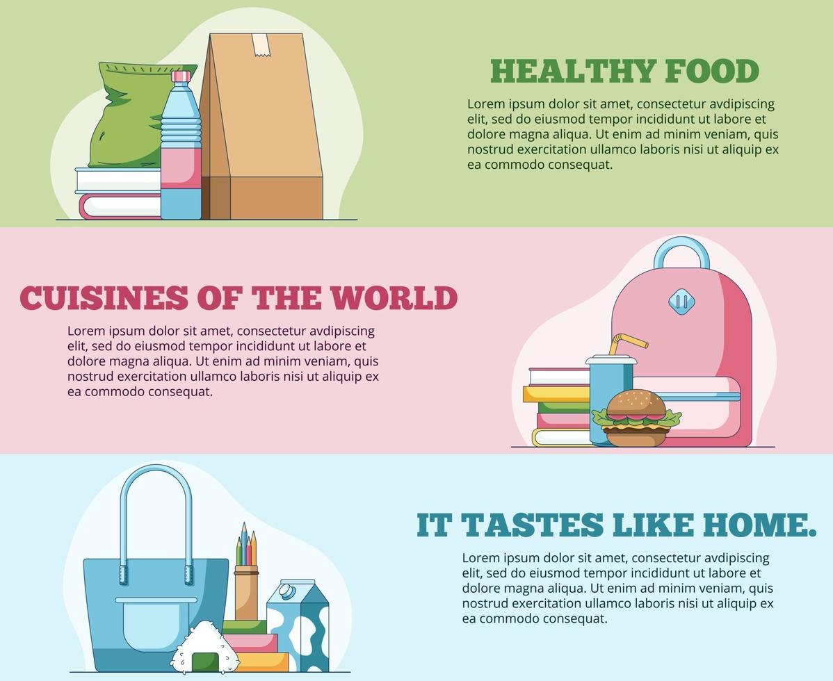 banners horizontais da web de alimentos saudáveis em um estilo simples para o cabeçalho do site vetor