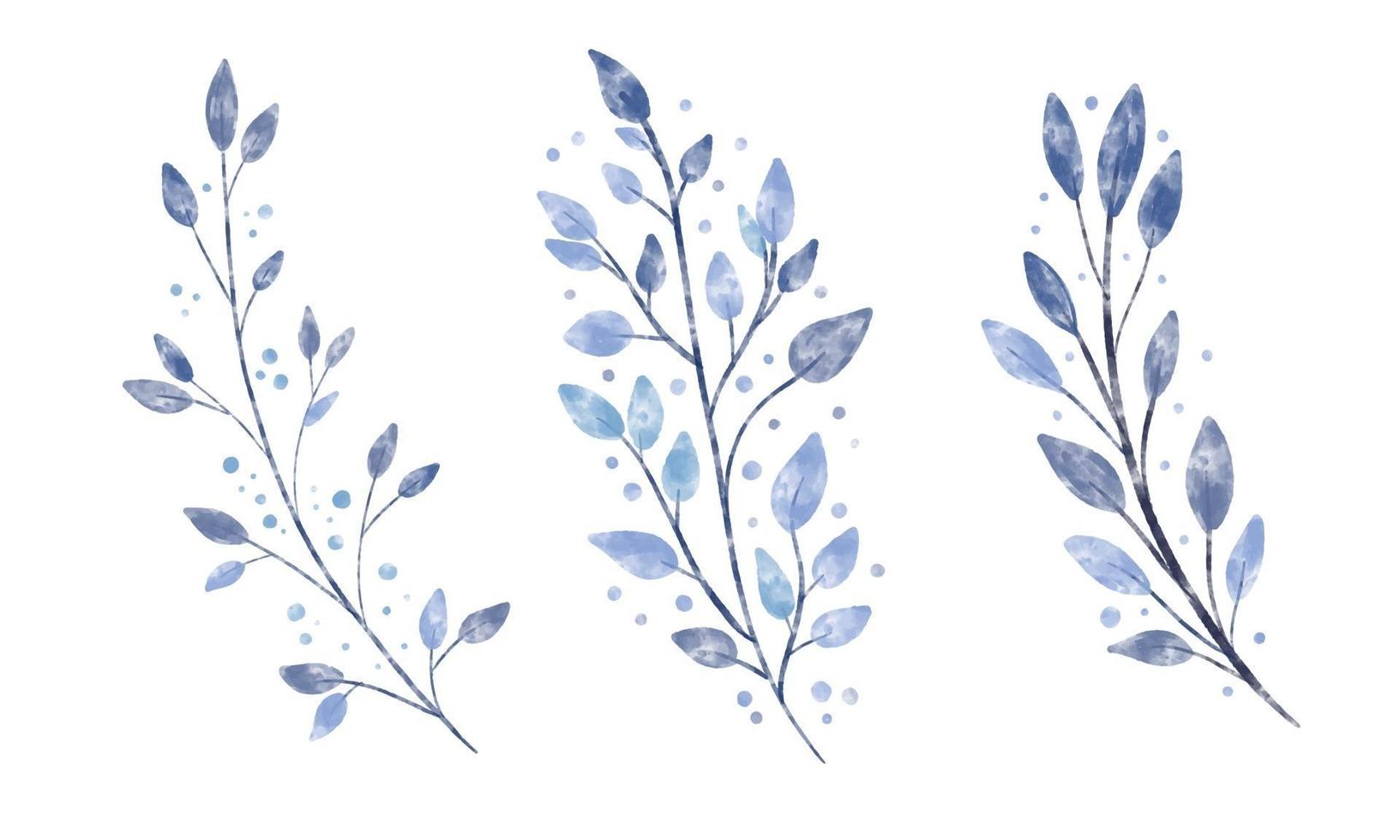 conjunto de ramo de vetor texturizado em aquarela com folhas azuis e pontos