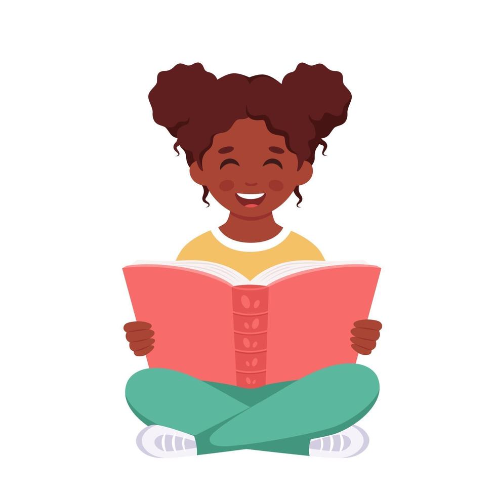 livro de leitura de menina negra. menina estudando com um livro. vetor