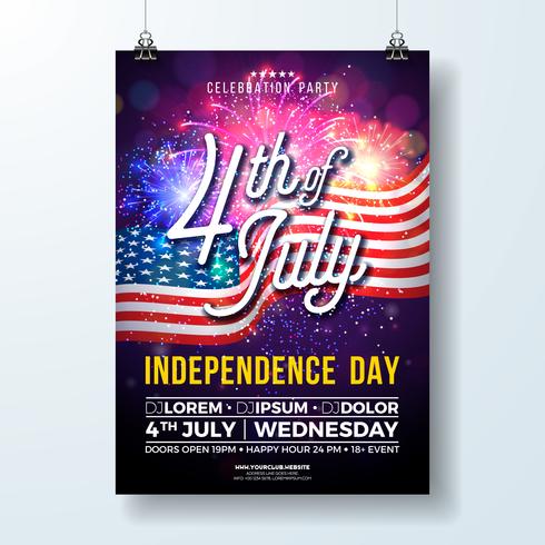 Dia da independência dos EUA Party Flyer ilustração com bandeira e fogos de artifício vetor