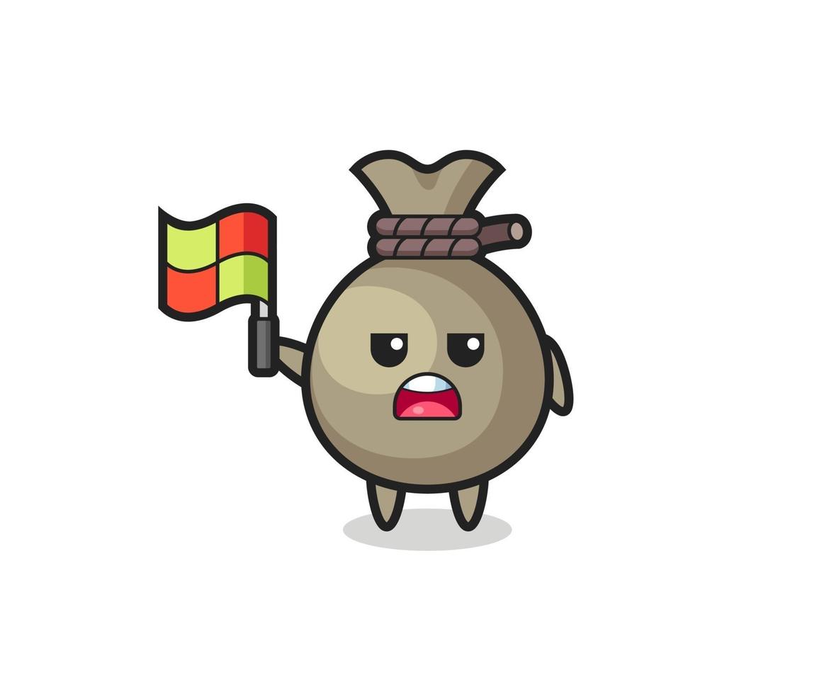 personagem de saco de dinheiro como juiz de linha levantando a bandeira vetor