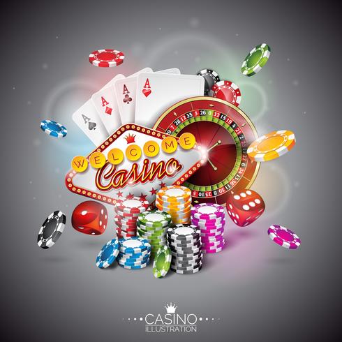 Ilustração vetorial em um tema de cassino com cores jogando fichas e cartas de poker vetor