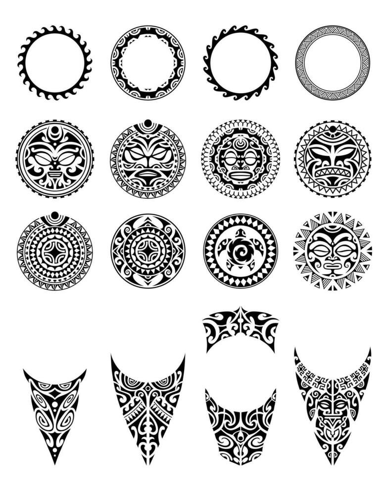 conjunto do tatuagem esboço maori estilo para perna ou ombro com Sol símbolos face, tartaruga e suástica. vetor