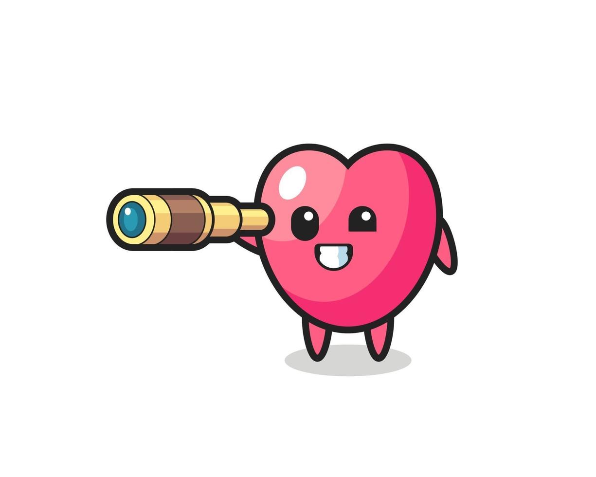 personagem símbolo de coração fofo segurando um telescópio antigo vetor