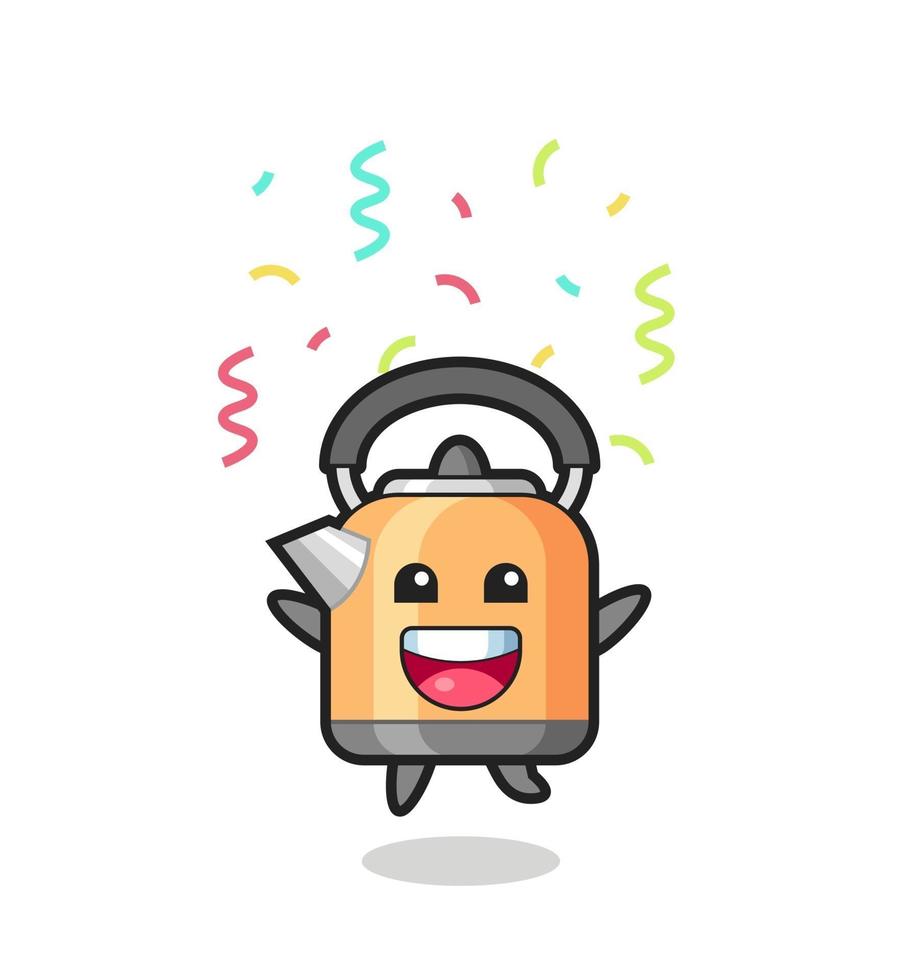 mascote de chaleira feliz pulando para parabéns com confete colorido vetor