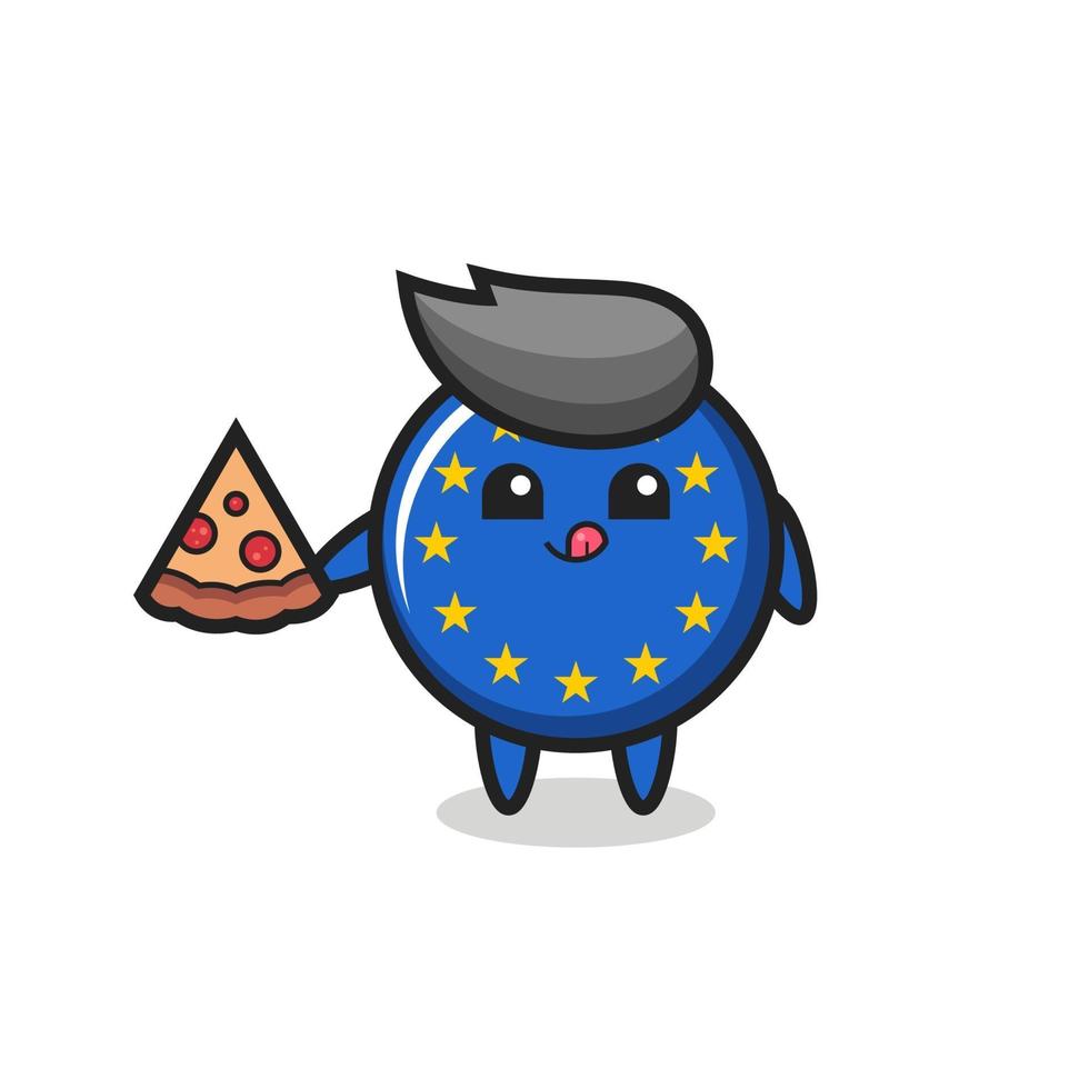 desenho bonito do emblema da bandeira da europa comendo pizza vetor