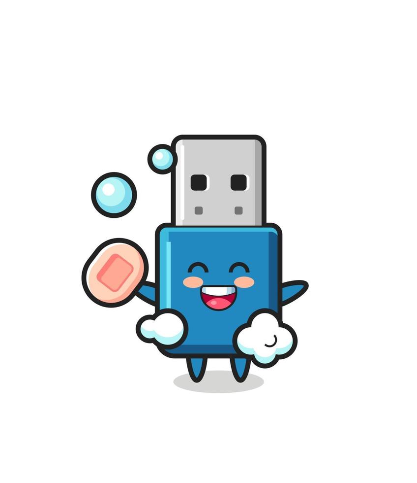 o personagem USB do flash drive está tomando banho enquanto segura o sabonete vetor