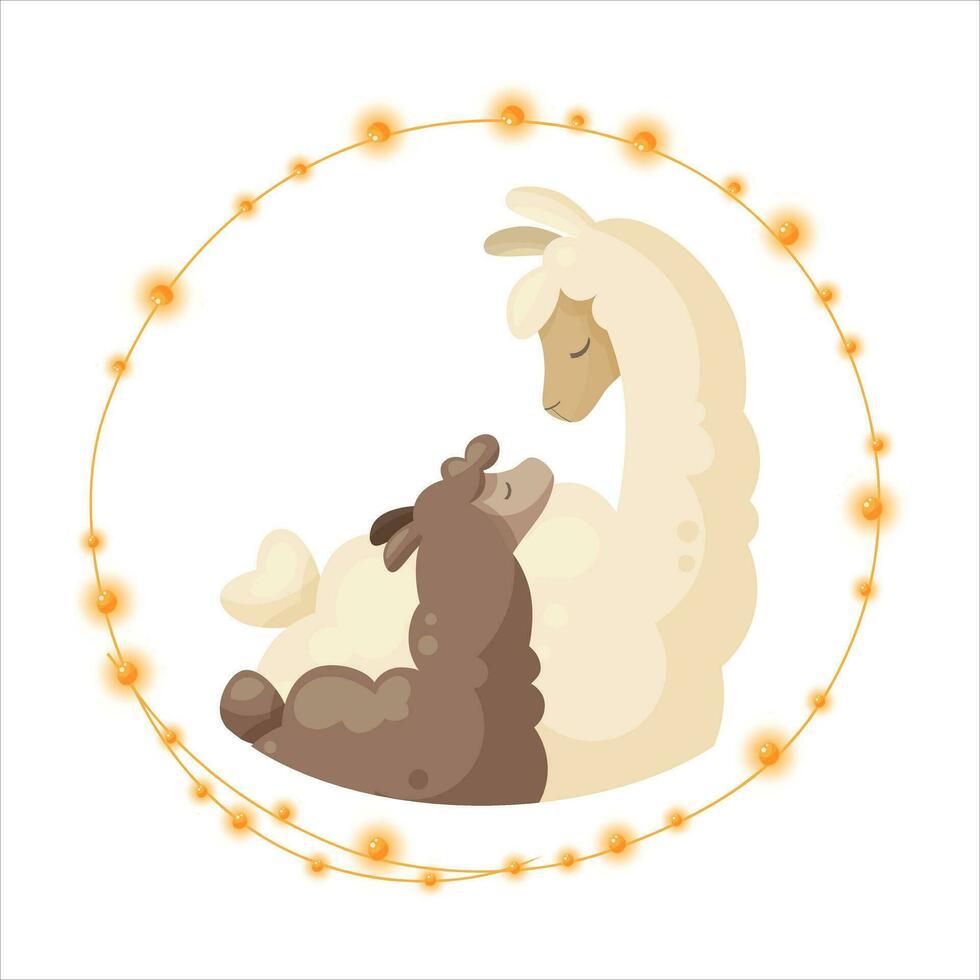 fofa lhama família, mãe lhama com bebê. feliz alpaca família cercado de festão e luzes. vetor ilustração Projeto para cartões para família dia, mães dia, pais dia, aniversário, gênero Festa.