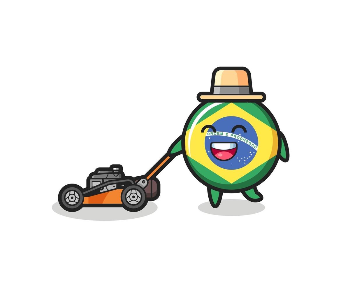 ilustração do personagem do distintivo da bandeira do brasil usando cortador de grama vetor