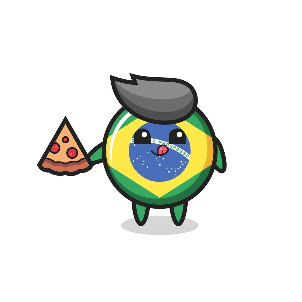 desenho fofo do distintivo da bandeira do brasil comendo pizza vetor