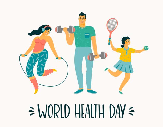 Dia Mundial da Saúde. Estilo de vida saudável. Família do esporte. vetor