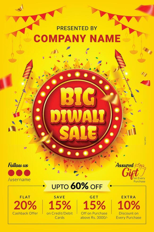 grande diwali venda bandeira Projeto com vermelho retro luz placa vintage estilo em amarelo fundo vetor