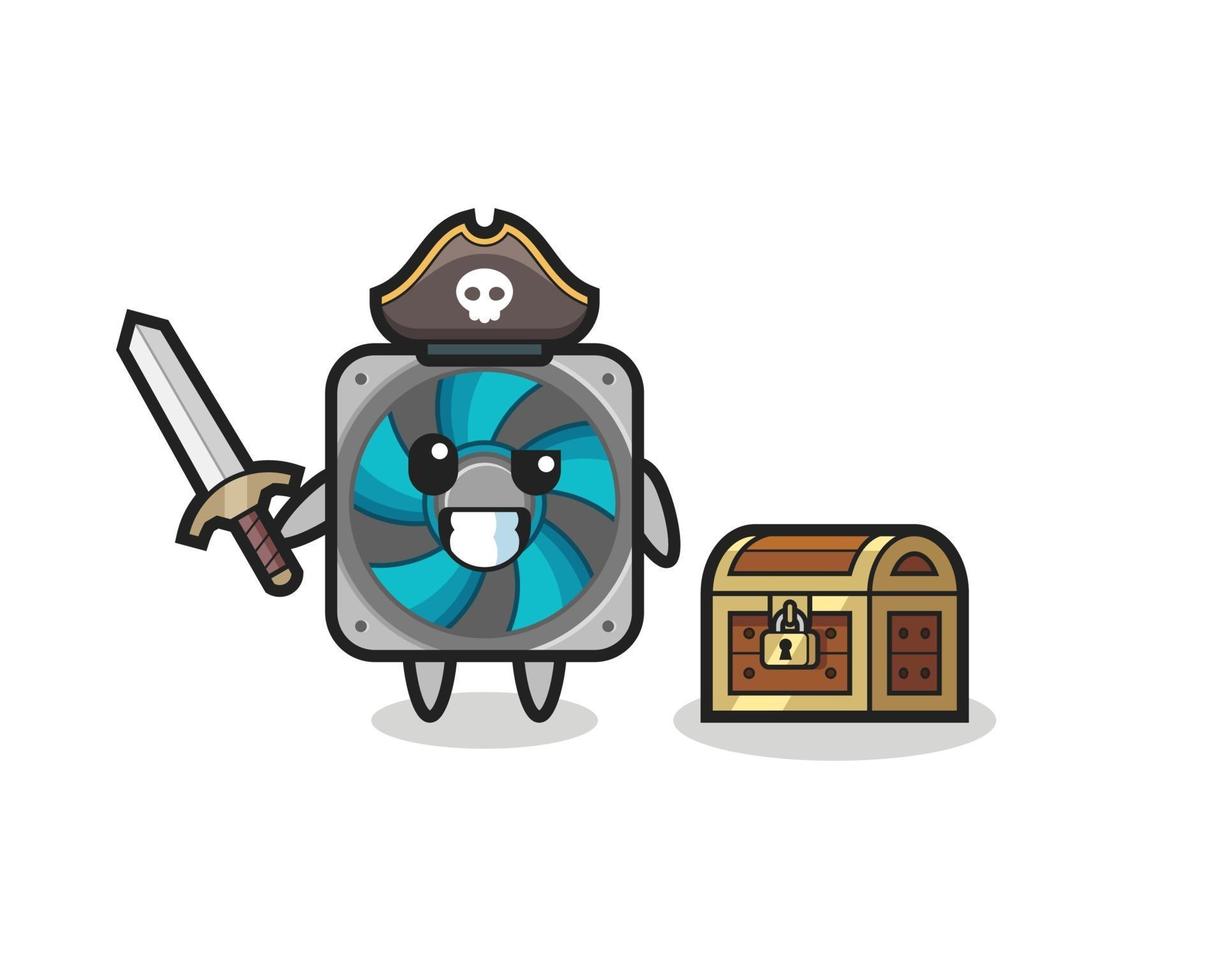 o personagem pirata fã de computador segurando uma espada ao lado de uma caixa de tesouro vetor