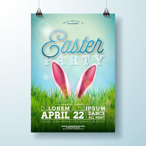 Vector Easter Party Flyer Ilustração com orelhas de coelho e grama verde