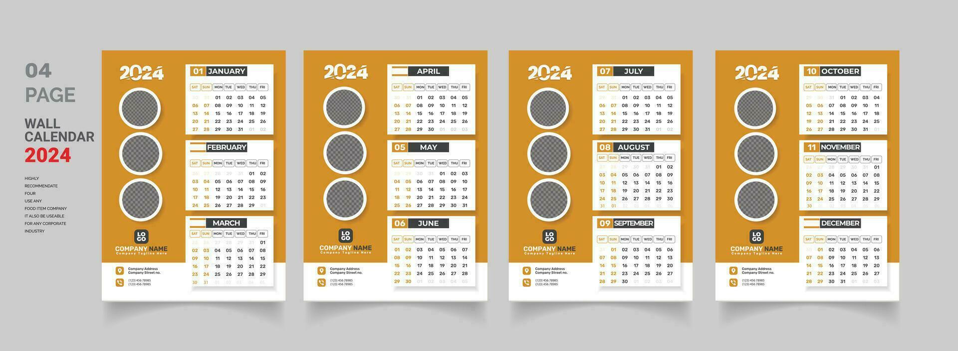 2024 parede calendário modelo Projeto 2024 calendário solteiro página, 1 página, 4 página vetor