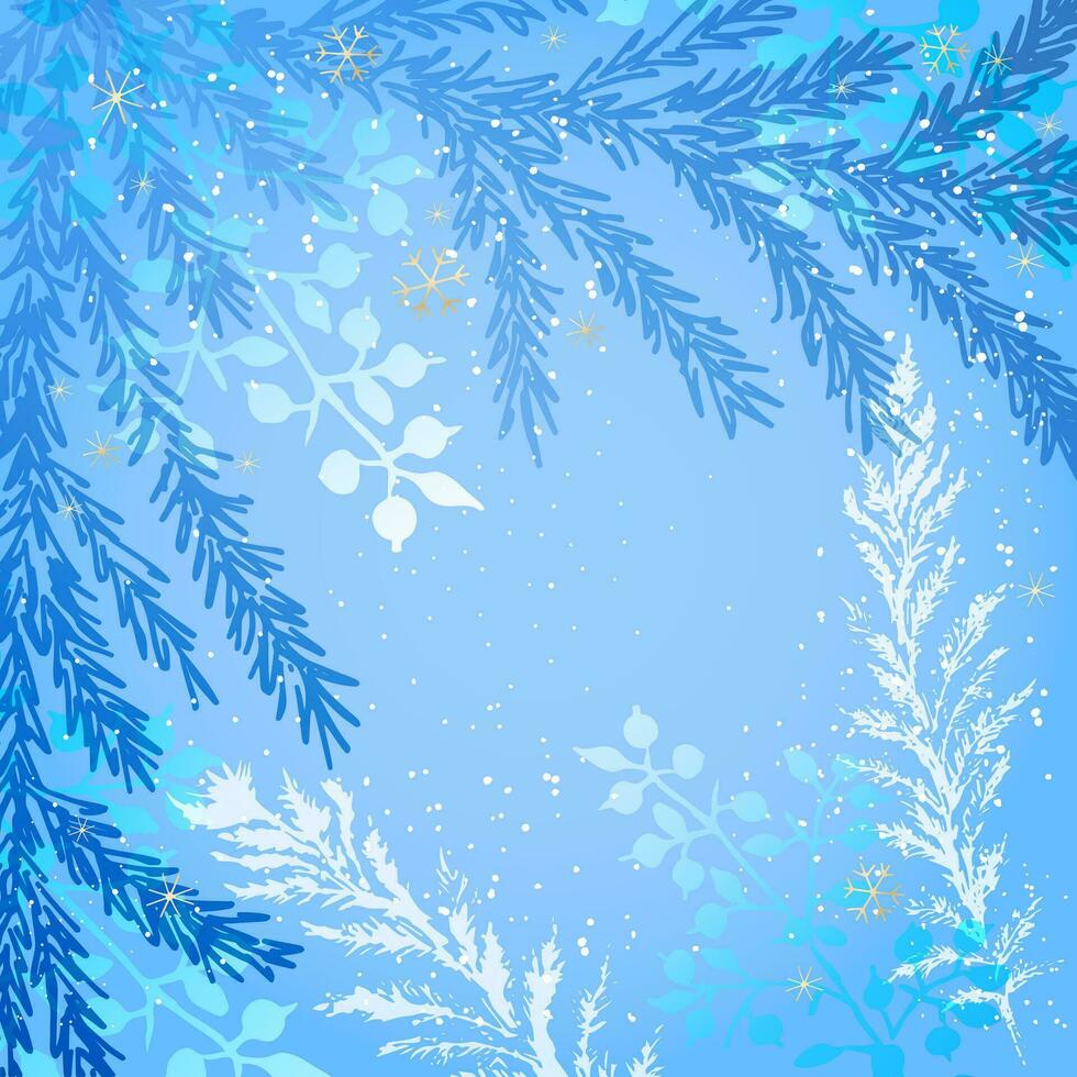 inverno fundo com uma Lugar, colocar para a texto. galhos do Natal árvores, inverno bagas, plantas, flocos de neve. modelo para Natal e Novo anos Parabéns, festivo cobrir, cartão postal, poster. vetor