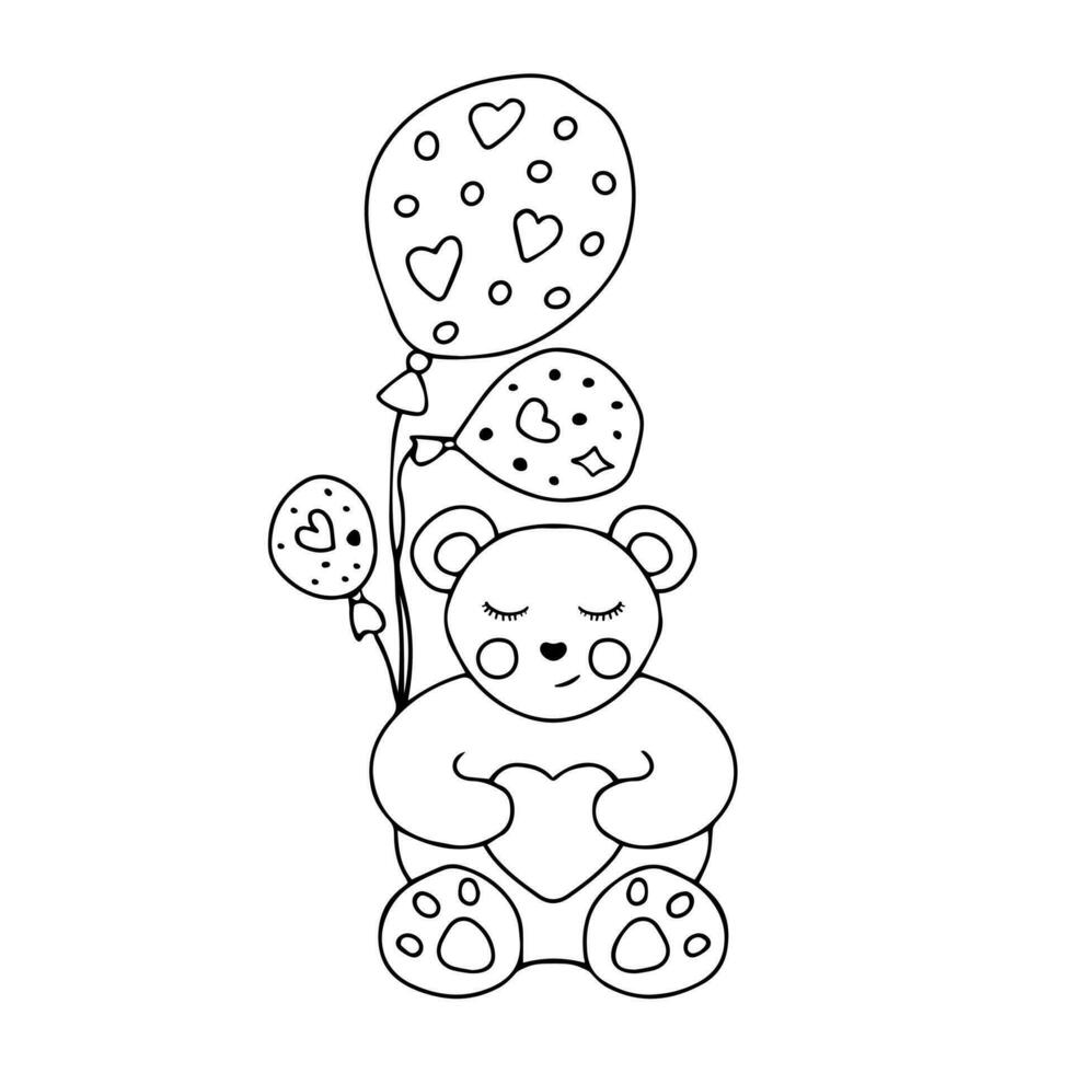 mão desenhado fofa Urso de pelúcia Urso com três balões em cordas com uma padronizar do corações, pontos, estrelas formas. rabisco amor símbolos feriado clipart. dia dos namorados dia conceito. isolado em branco fundo vetor