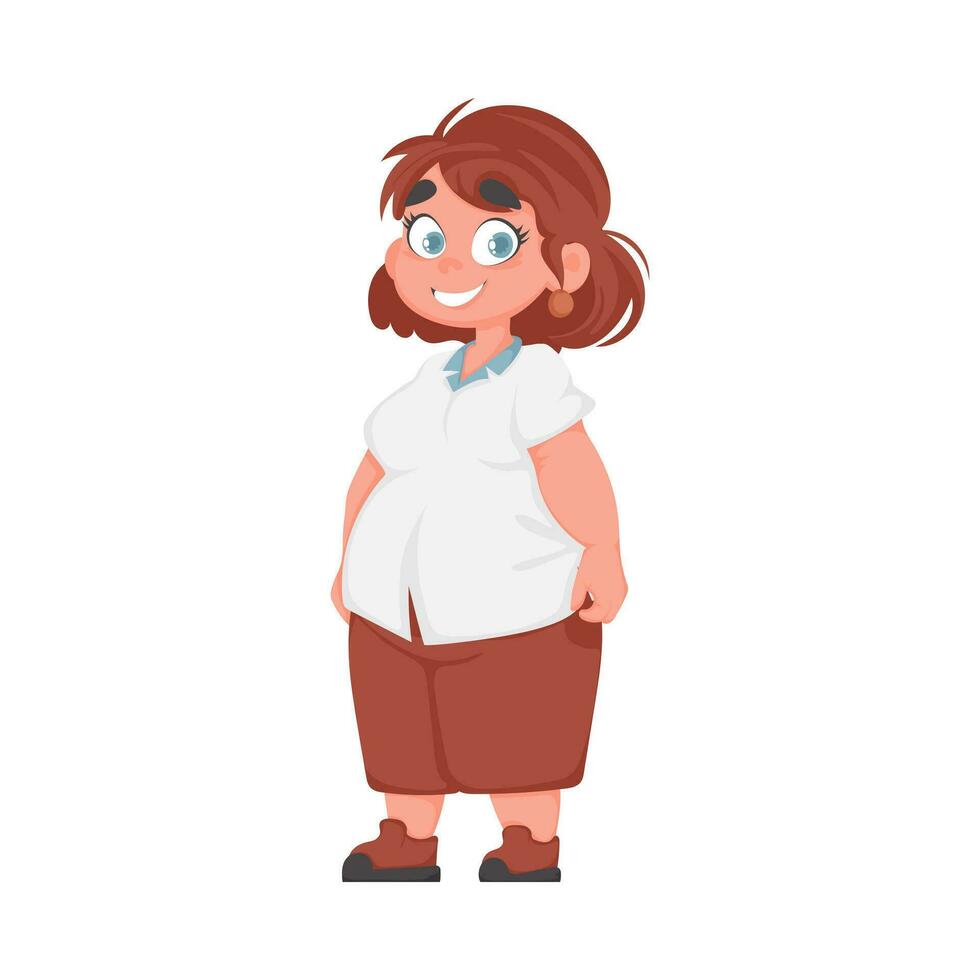 gordo mulher posando e sorridente. fofa excesso de peso garota, corpo positividade tema. desenho animado estilo vetor