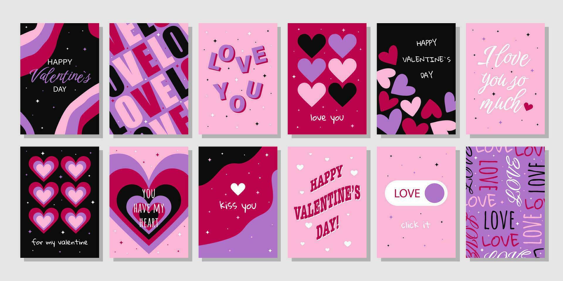 grande conjunto de cartões de dia dos namorados. coração de desenho animado na moda desenhado à mão, letras de amor. ilustração vetorial vetor