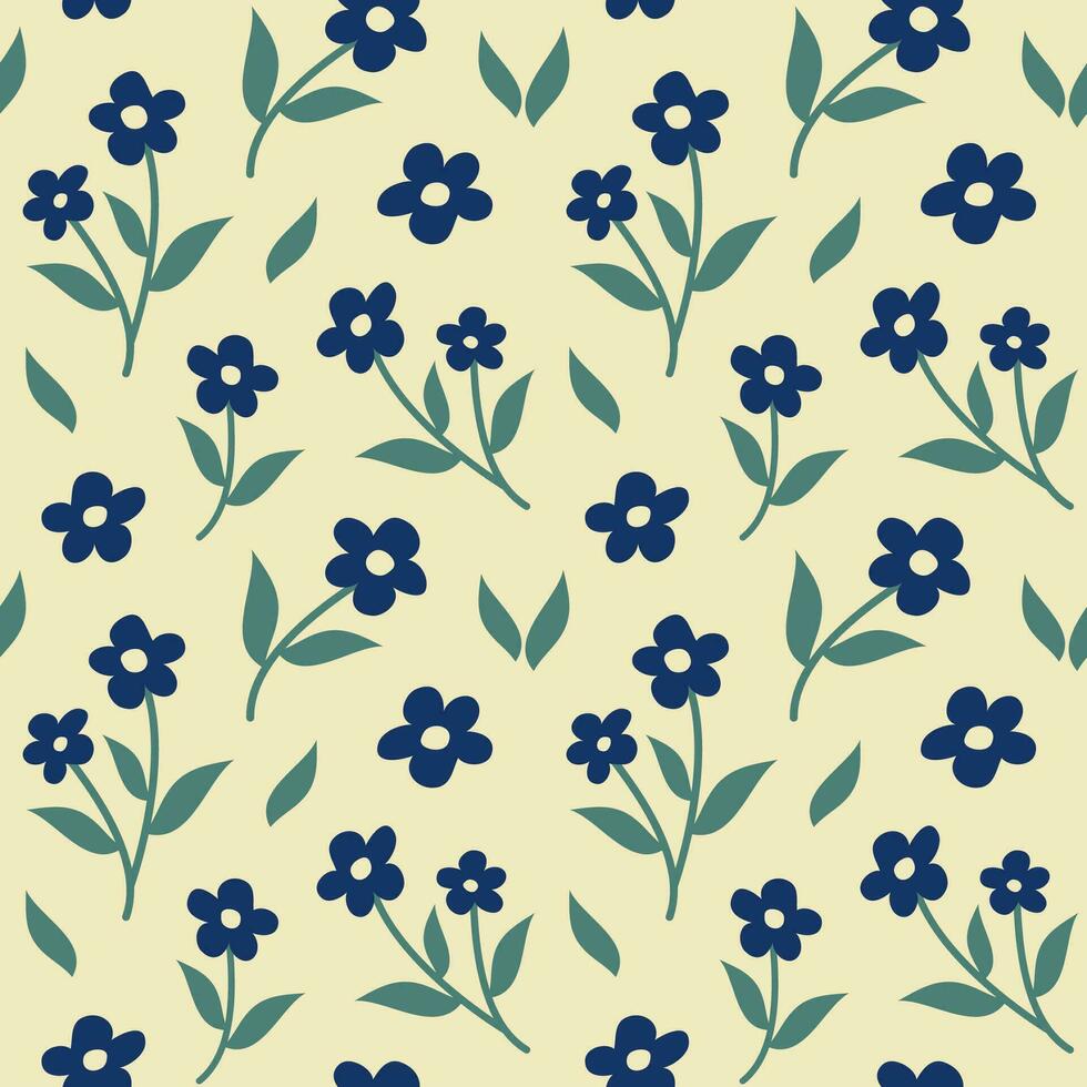 desatado padronizar com Sombrio azul pequeno flores vetor ilustração com Prado plantas. verão floral fundo. têxtil vintage Projeto.