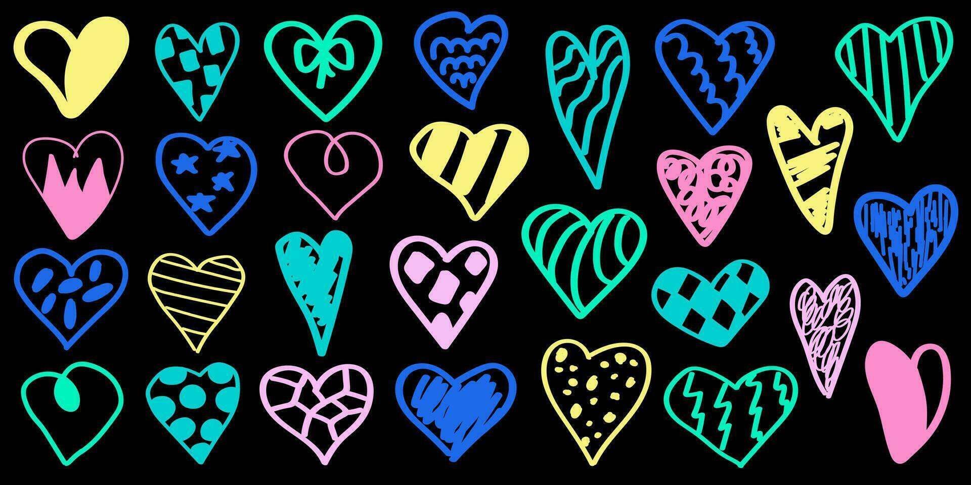 corações grafite. vetor ilustração. conjunto do multicolorido silhuetas do corações com diferente padrões. mão desenhado rabisco estilo.