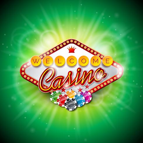 Vector a ilustração em um tema do casino com a cor que joga microplaquetas e cartões do pôquer no fundo escuro.