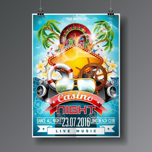 Vector design de festa Flyer sobre um tema de Casino com roda de roleta e elementos de verão