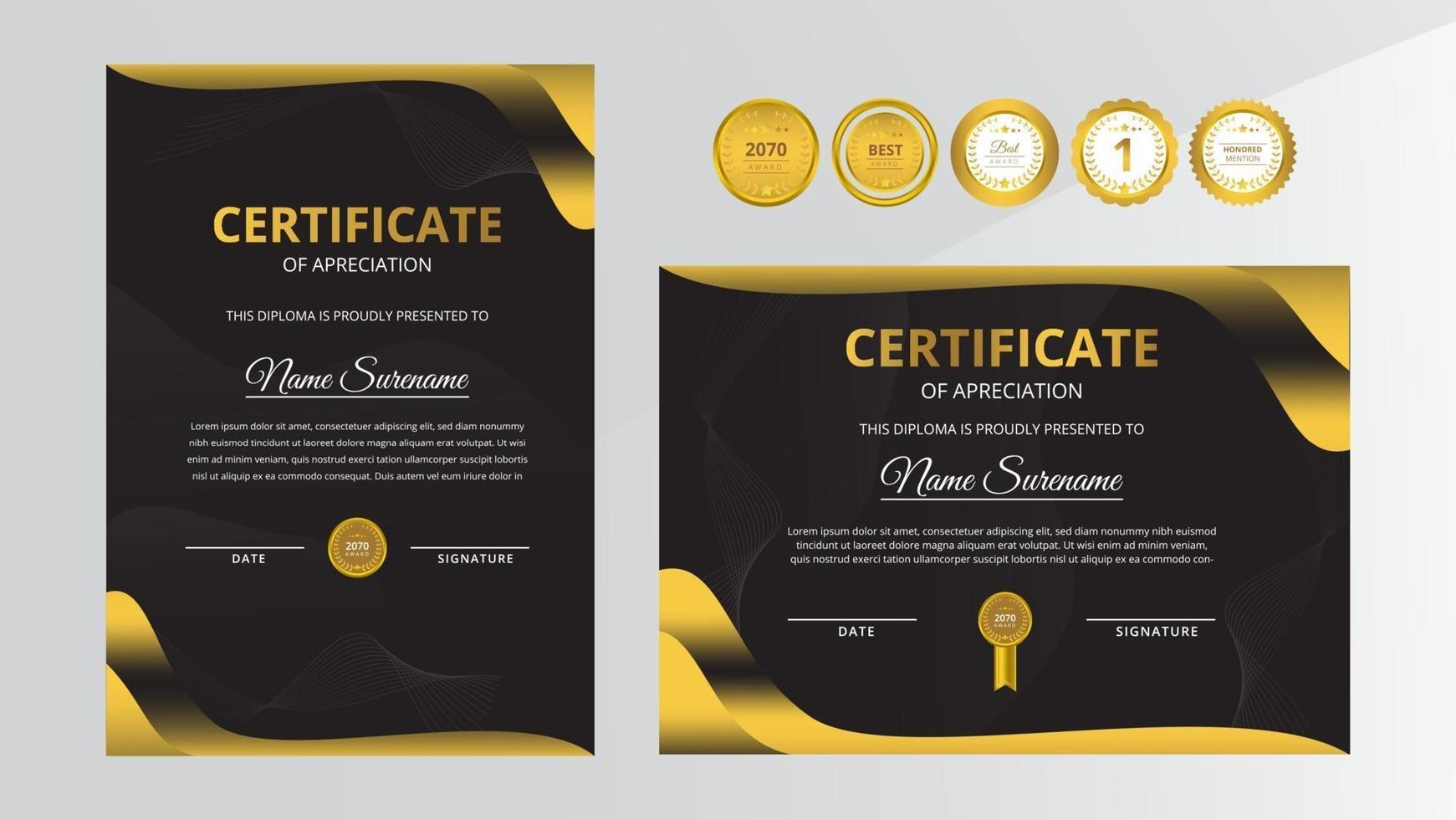 certificado de luxo gradiente dourado e preto com conjunto de crachá dourado vetor
