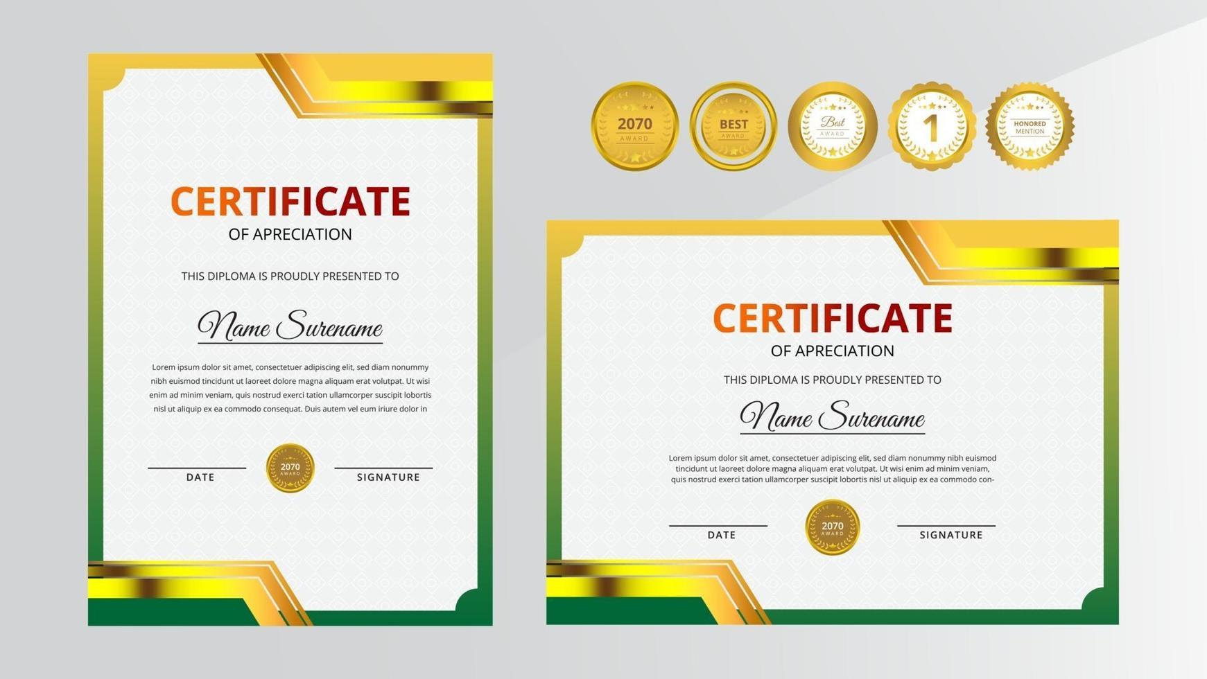 certificado de luxo gradiente dourado e verde com conjunto de crachá dourado vetor
