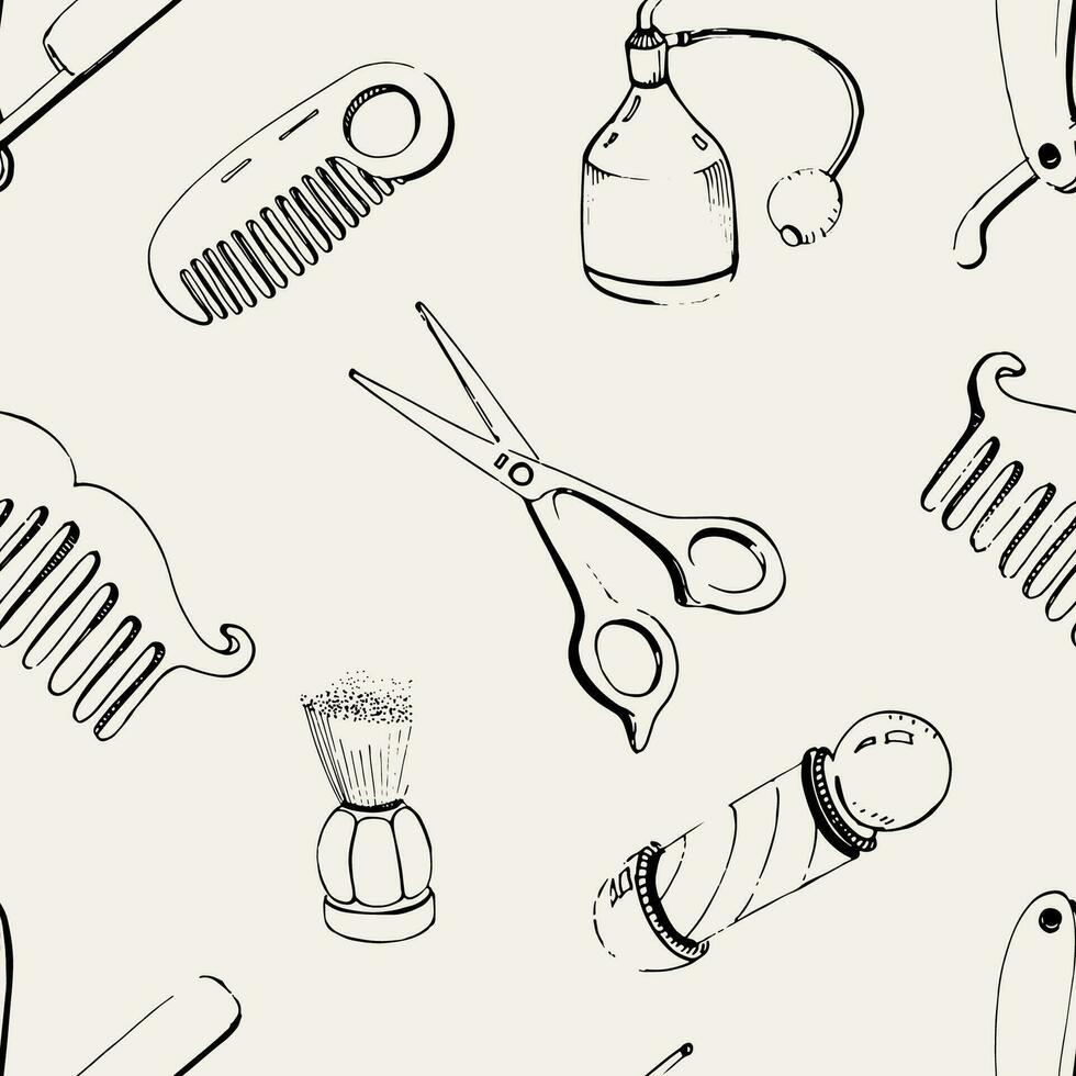 mão desenhado barbearia desatado com acessórios- pentear, navalha, barbear escovar, tesoura, barbearia pólo e garrafa spray. Preto e branco vetor ilustração padronizar.