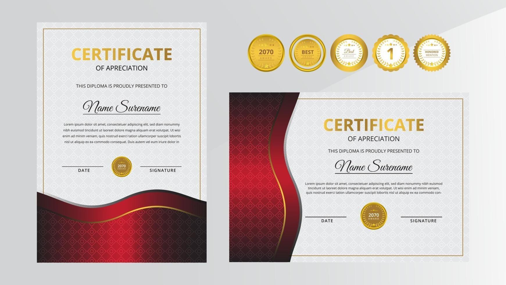 certificado de luxo gradiente preto e vermelho com conjunto de crachá dourado vetor